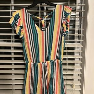 Colorful Vertical Stripe V-Neck romper with Tie Back
